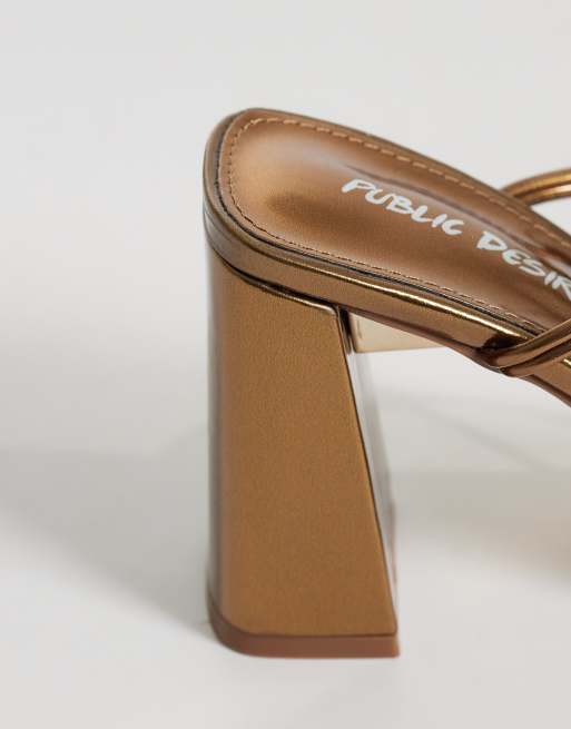 Public Desire Karia tie leg block heeled sandals in bronze, 3 of 4