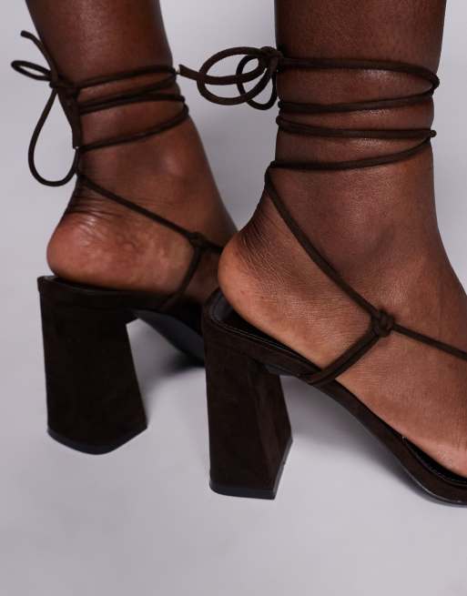 Public Desire Karia tie leg block heeled sandals in brown suedette, 3 of 4