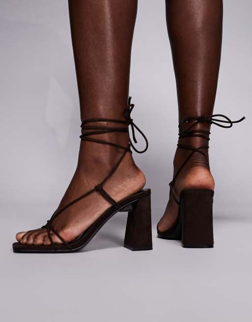 Public Desire Karia tie leg block heeled sandals in brown suedette, 4 of 4