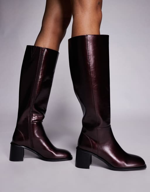Public Desire – Katy – Kniehohe Stiefel in Burgunderrot mit Blockabsatz, 3 von 4