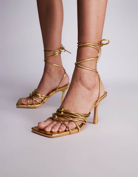 Public Desire Keri metallic pu strappy lace up mid heels in gold - view 1
