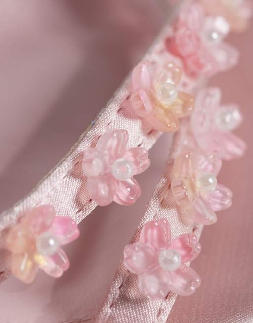 Public Desire kitten heel sandals with beads in pink satin, 3 of 4