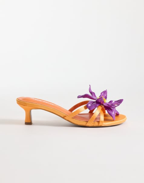 Public Desire kitten heel sandals with flower in orange - view 1