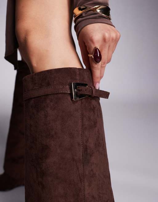 Public Desire Kola wedge heel foldover knee boots in brown faux suede, 3 of 4