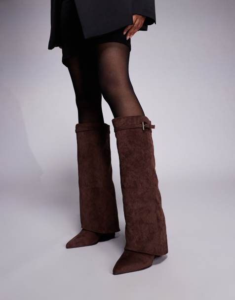 Public Desire Kola Wide Fit wedge heel foldover knee boots in brown faux suede - view 1