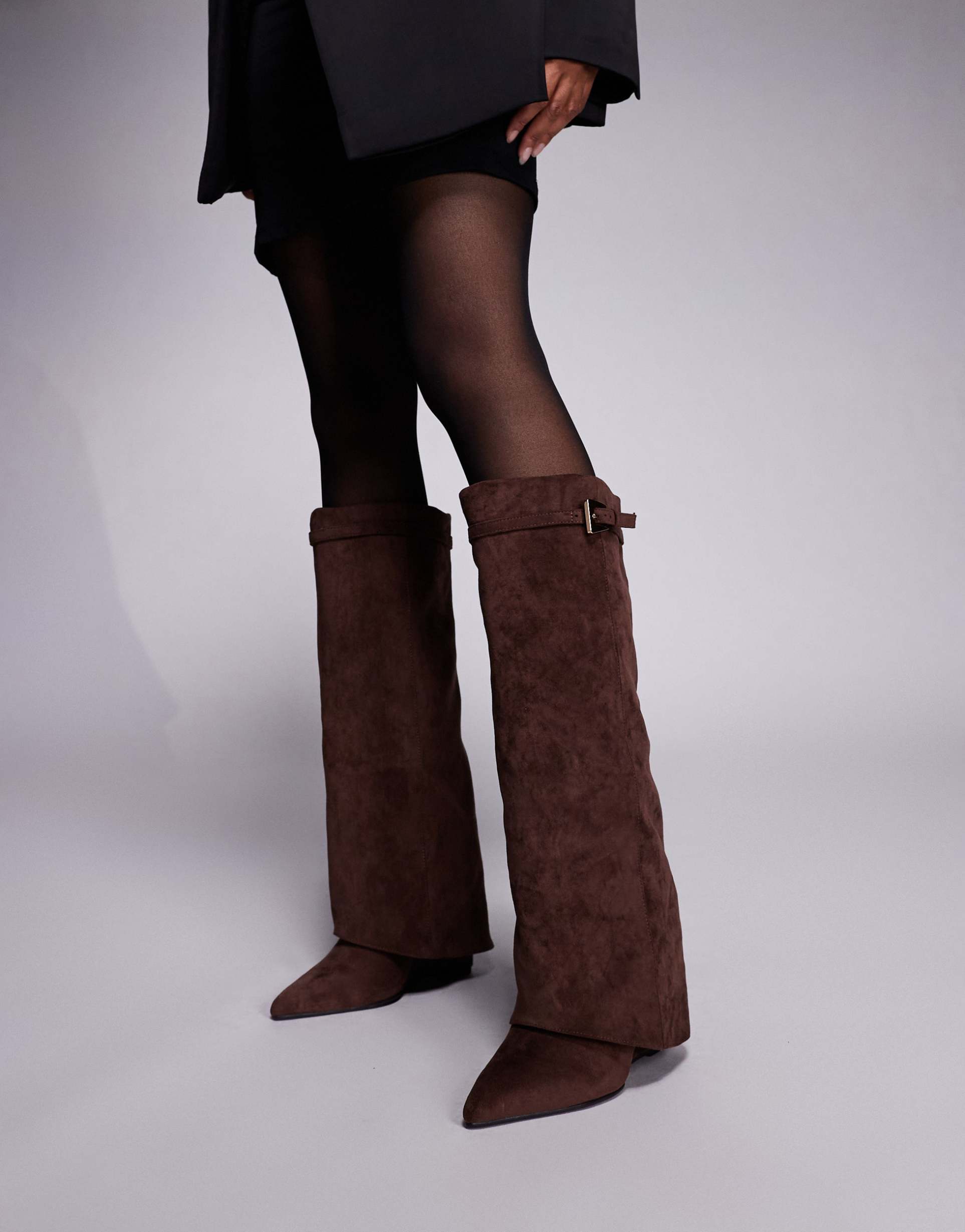 public desire kola wide fit wedge heel foldover knee boots in brown faux suede