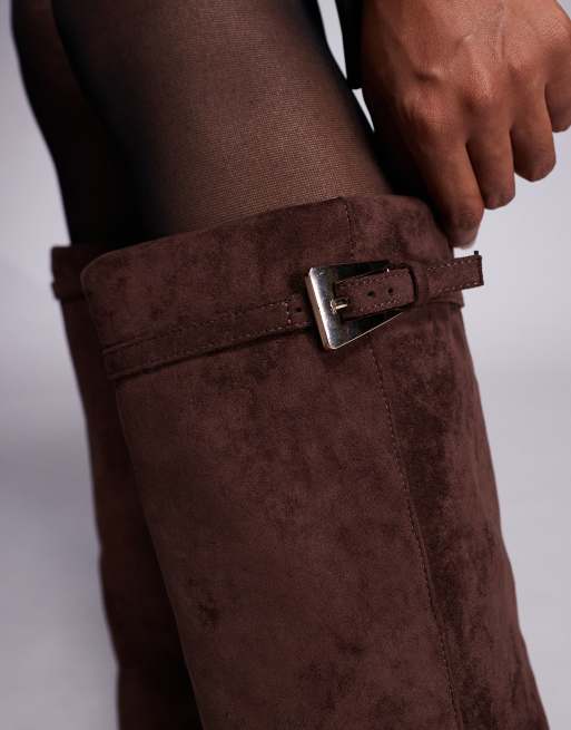 Public Desire Kola Wide Fit wedge heel foldover knee boots in brown faux suede 