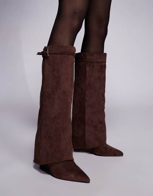 Public Desire Kola Wide Fit wedge heel foldover knee boots in brown faux suede 