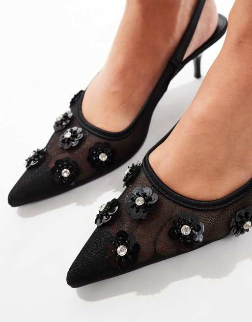 Public Desire Kyle sling back pointed kitten heels with 3D embellished flowers in black, 4 of 4