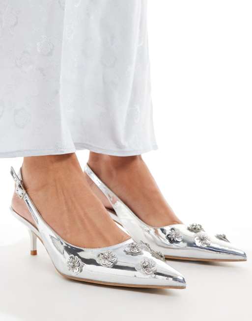 Public Desire Kyle sling back pointed kitten heels with 3D embellished flowers in silver, 3 of 4