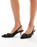 [Public Desire] Public Desire Kyle slingback pointed kitten heels with 3D embellished flowers in black-Silver 36 SILVER