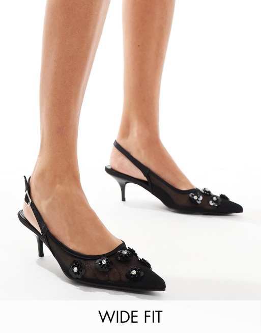Public Desire Kyle Wide Fit slingback pointed kitten heels with 3D embellished flowers in black