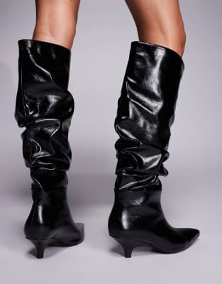 Public Desire La Dolce Vita Ruched Kitten Heel Knee Boots In Black