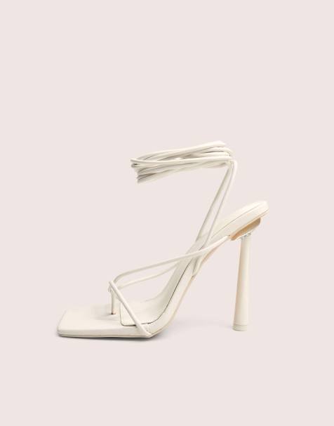 Public Desire Lacey white square toe strappy lace up stiletto heels in white - view 1