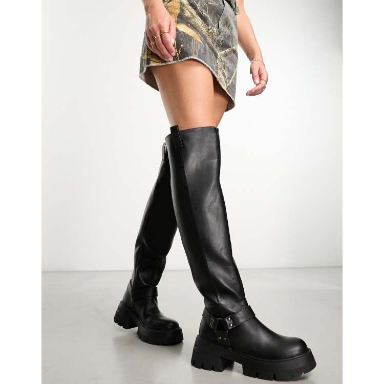 Black pu buckle detail store chunky over the knee boots