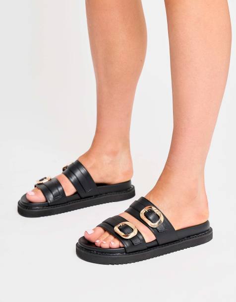 Public Desire Lapis buckle detail double strap slider sandals in black - view 1