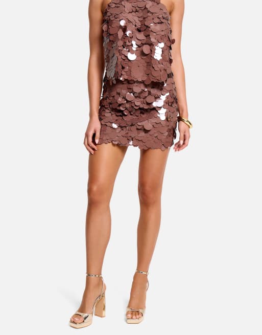 Public Desire Large disc sequin co ord mini skirt in brown, 3 of 5