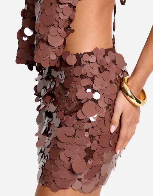 Public Desire Large disc sequin co ord mini skirt in brown, 5 of 5