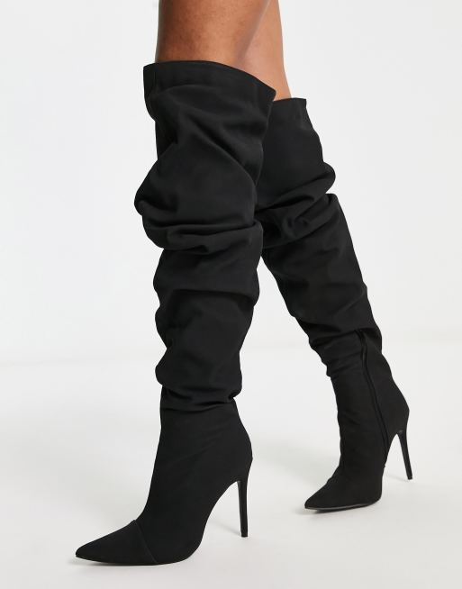 Public Desire – Lariza – Geraffte Overknee-Stiefel in Schwarz mit Stilettoabsatz , 2 von 4
