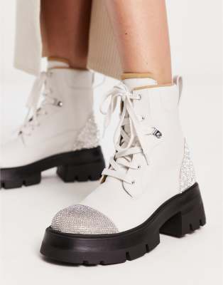 Public Desire Lark rhinestone combat boots in off white