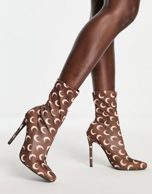Public Desire Lars high heeled sock boots in brown print