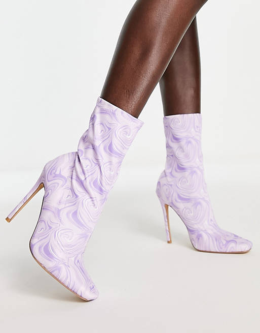 Public Desire - Lars - Sock boots met hoge hak in paarse wervelprint 