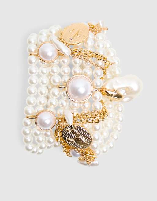 Public Desire Layered pearl bracelet with gold charms in pearl, 2 of 4