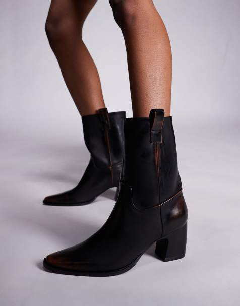 Public Desire Layleigh curve heel ankle boots in brown - view 1