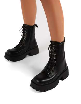 black suedette lace up chunky biker boots