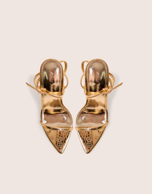Public Desire Legacy croc barely there pointed toe gold stiletto heels in gold croc, 2 of 4