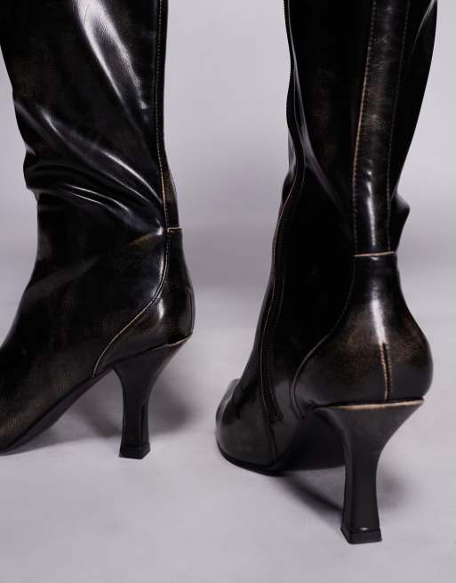 Public Desire Levitate pointed toe knee boots with vintage heels in distressed brown