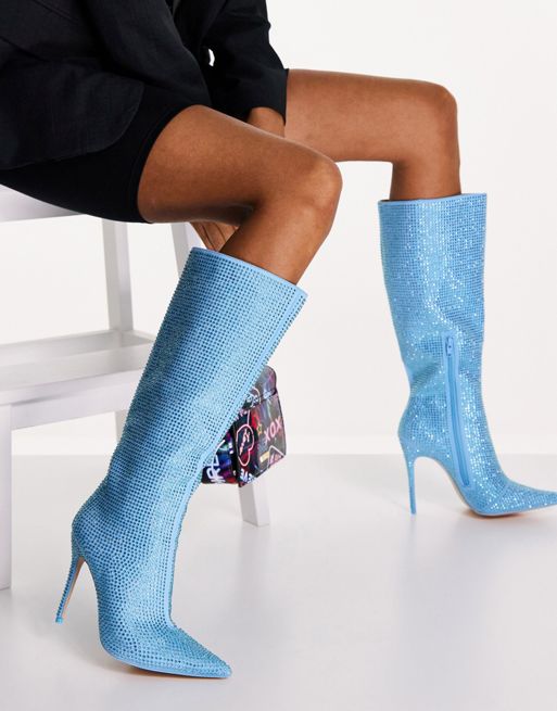 Public Desire Lexi knee high heel boots in blue crystal
