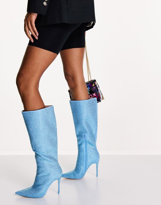 Public Desire Lexi knee high heel boots in blue crystal