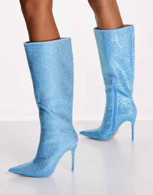 Public Desire Lexi knee high heel boots in blue diamante