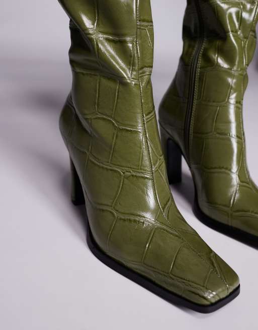 Public Desire Libre heeled knee boots in green wide croc