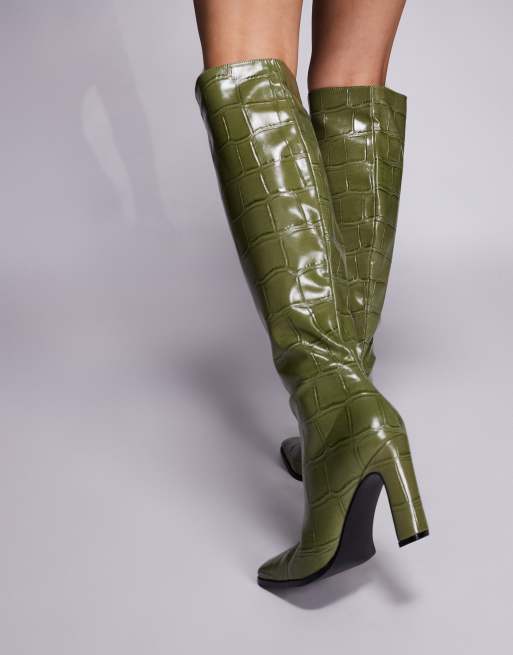 Public Desire Libre heeled knee boots in green wide croc