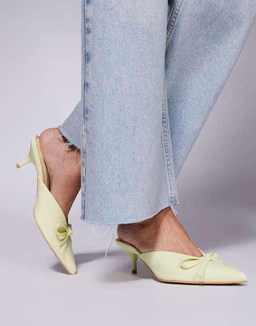 Public Desire Lionheart pointed kitten heel mules with bow in yellow, 3 of 4