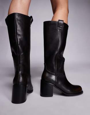 Public Desire Lipa Pull On Leather Look Knee Boots In Brown