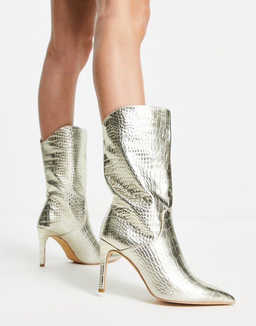 Public Desire Lisel Curved Ankle Boot In Gold Metallic Croc