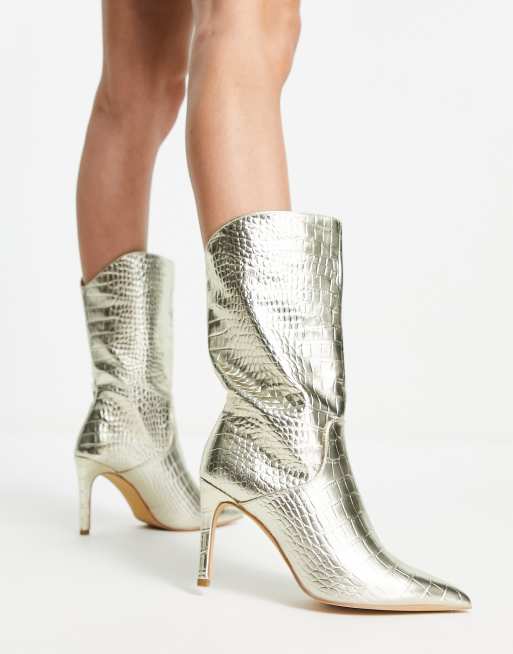 Public Desire Lisel curved ankle boot in gold metallic croc