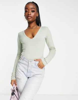 Public Desire long sleeve v neck thong double layer bodysuit in sage green