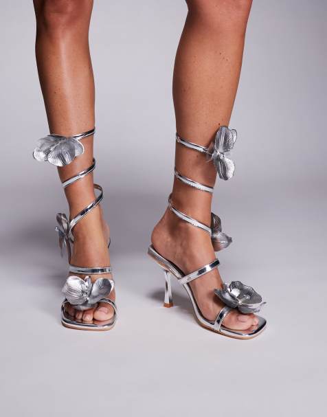 Public Desire Lotus Flower Trim Wrap Around Flared Stiletto High Heels in silver - view 1