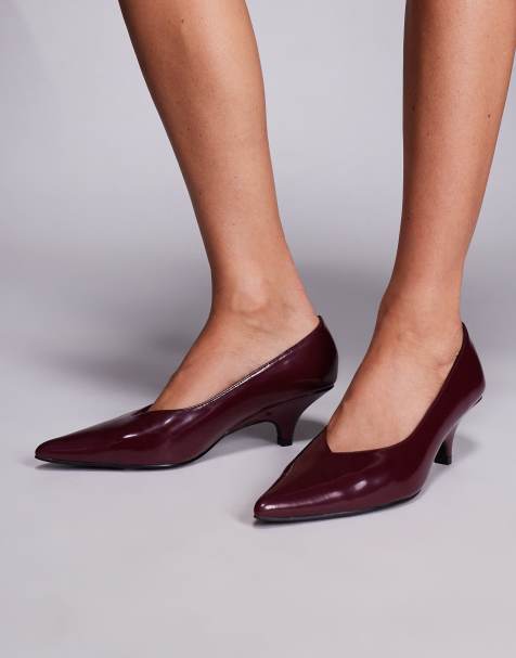 Public Desire Lunch Date Wide Fit low heel court shoes in burgundy - view 1