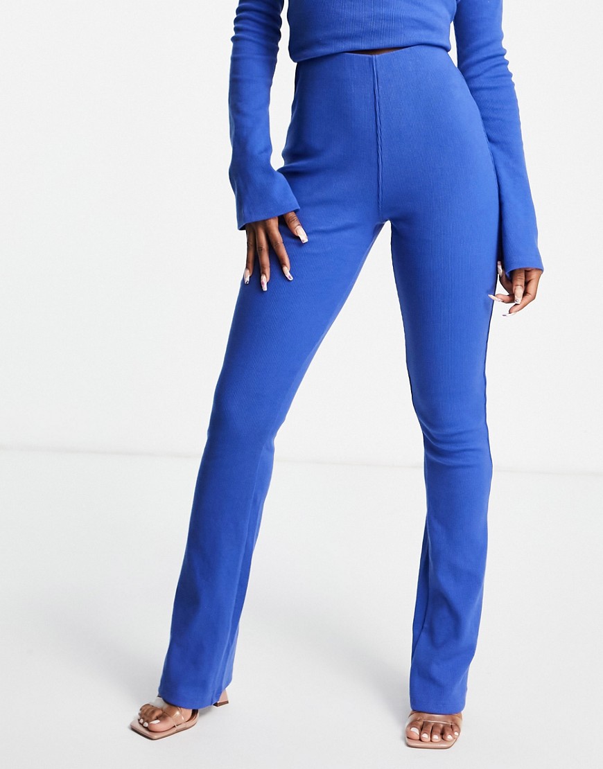 Public Desire luxe rib flared pant in bright blue - part of a set-Blues