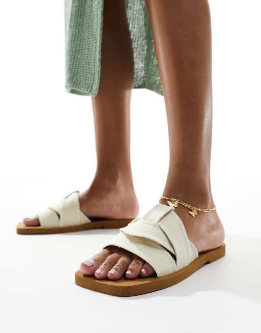 Public Desire Lyra linen look slip on flat sandals in cream, 3 of 4