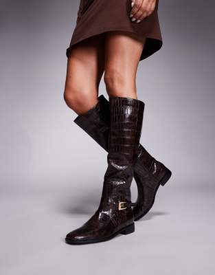Public Desire Mackie Knee Boots With Buckle In Brown