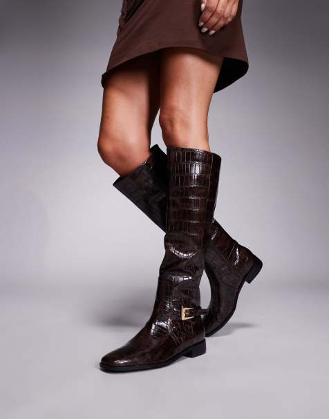 Public Desire Mackie knee boots with buckle in brown croc - view 1
