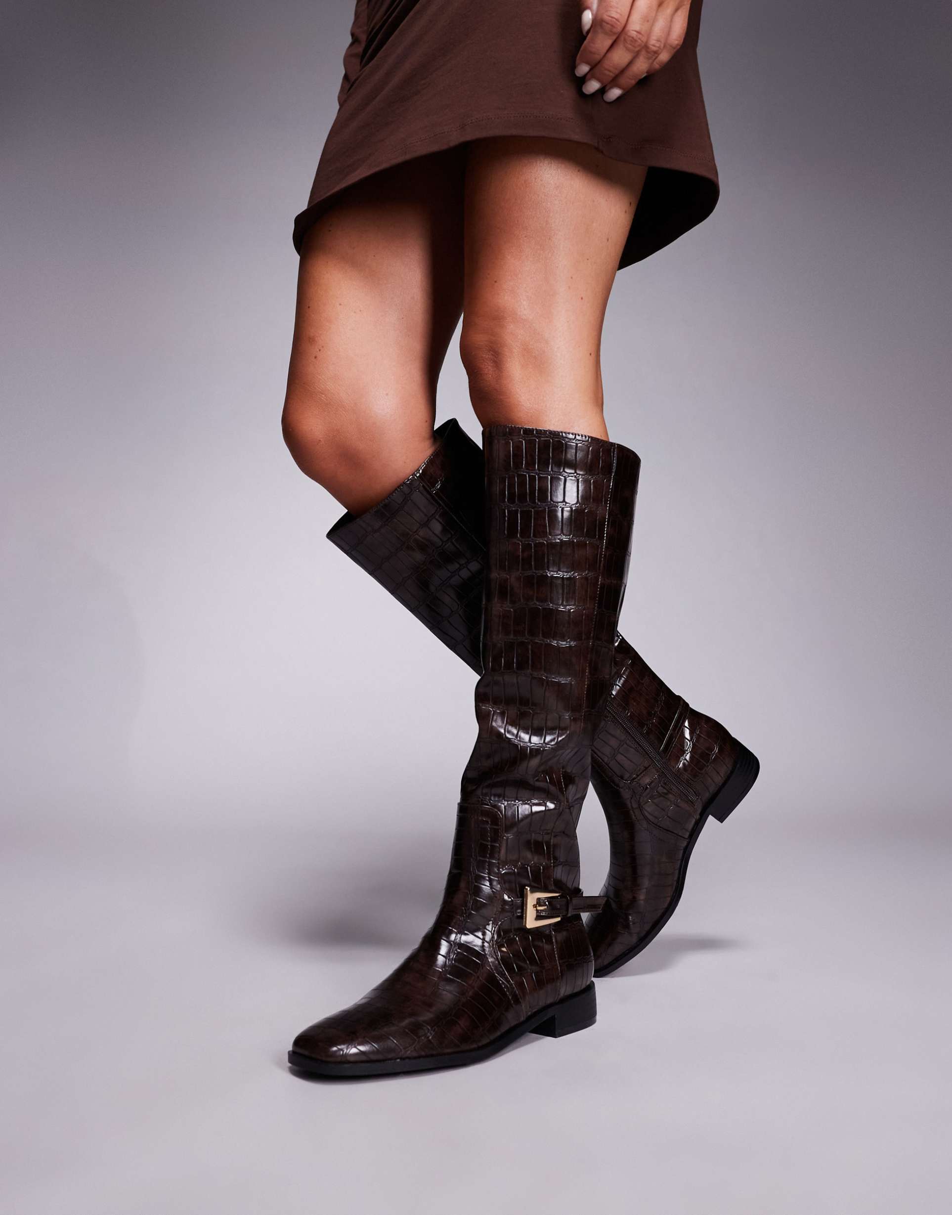 public desire mackie knee boots with buckle in brown croc