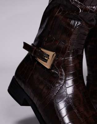 Public Desire Mackie Knee Boots With Buckle In Brown