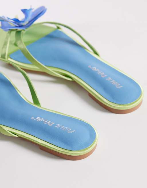 Public Desire Magnolia 3D floral flat sandals in green and blue, 3 of 4